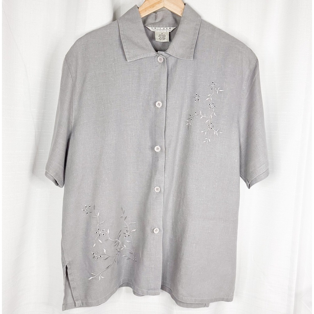 100% Linen Shirt Men's M Gray Short Sleeve Button Up John Paul Richard